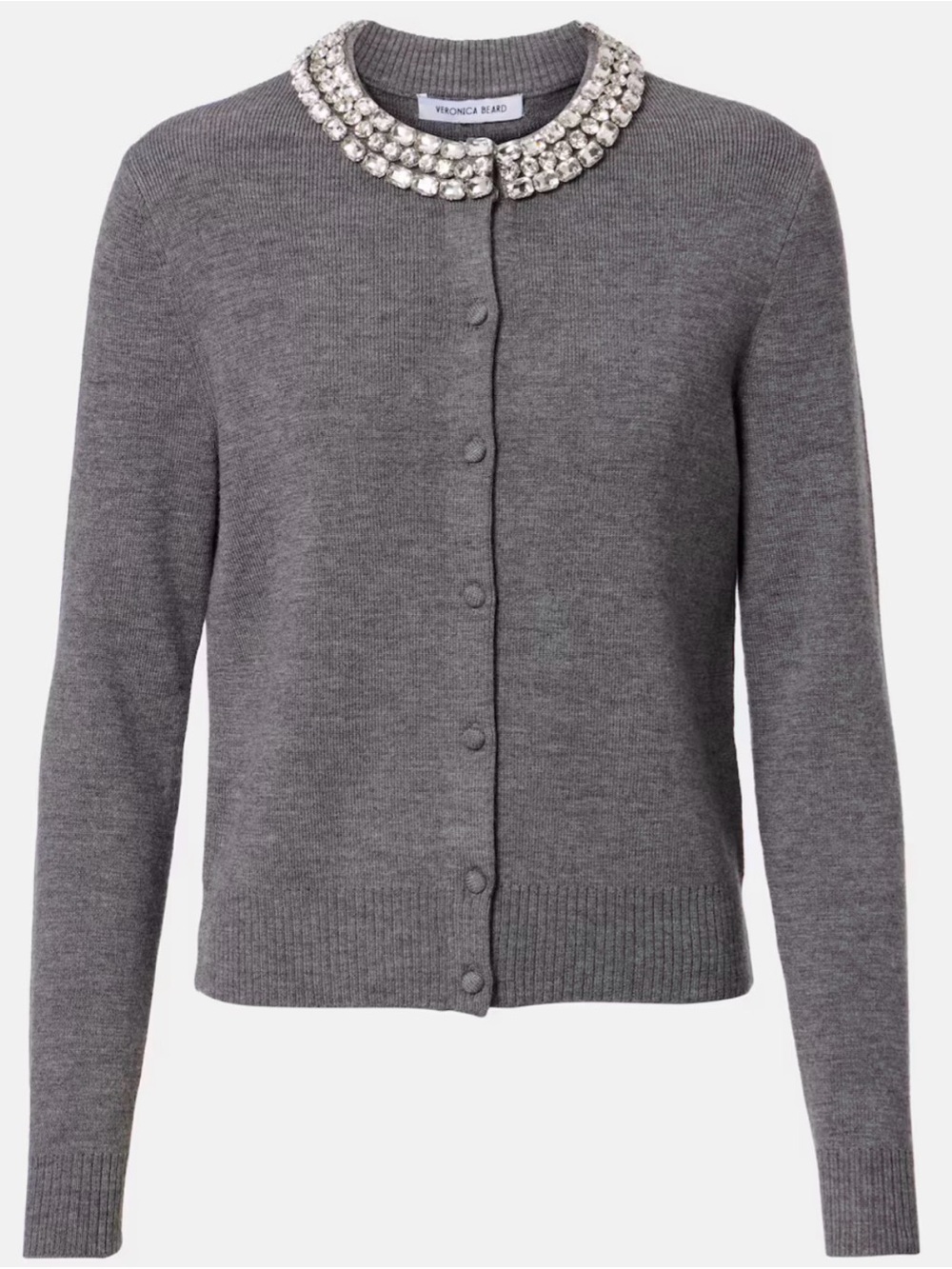 Veronica Beard Gray Jeweled Collar Wool Cardigan